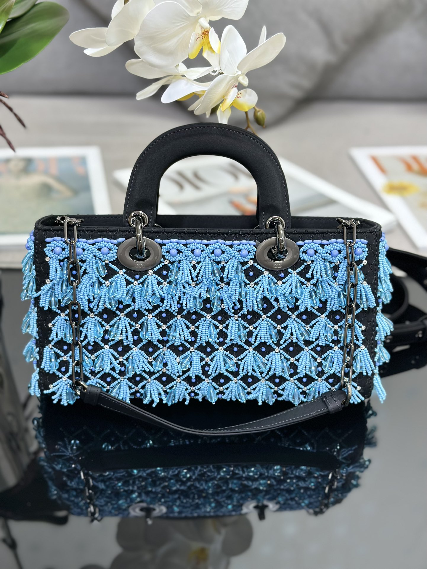 Medium Lady D-Joy Bag Black Satin Embroidered with Blue Beads